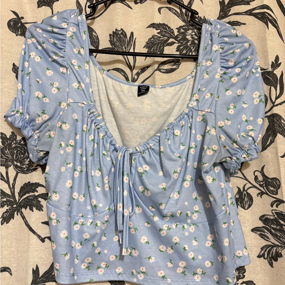 SHEIN Light Blue Floral Puff Sleeve Blouse